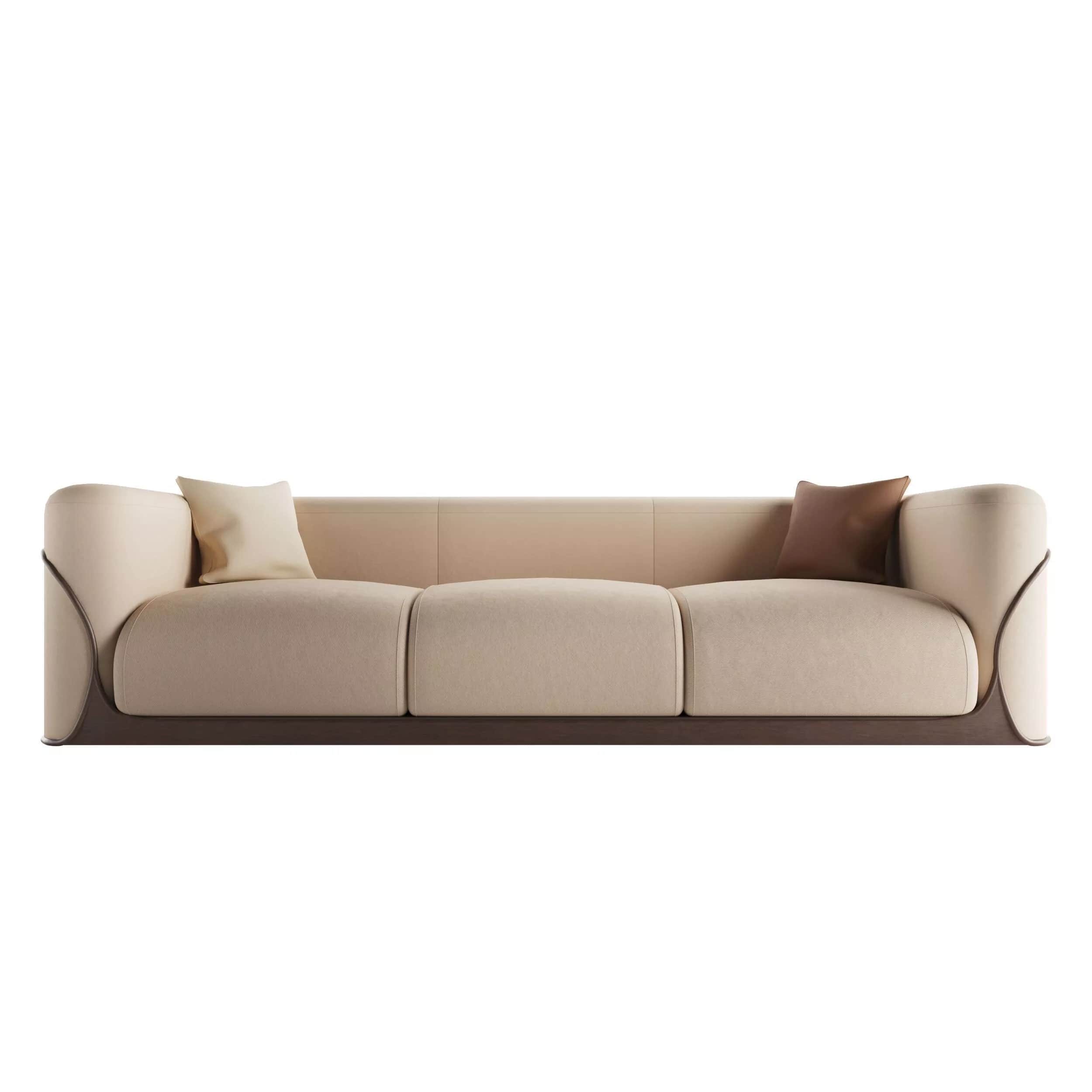 A modern three-seater sofa featuring a neutral-toned upholstered body, a contrasting dark wood base,… — 3D model