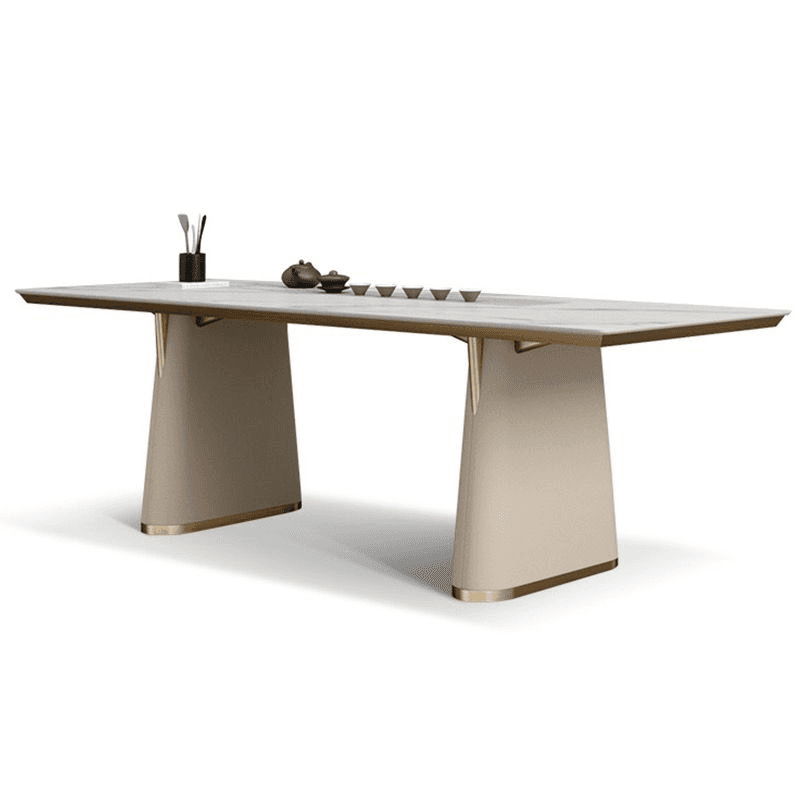 A modern rectangular dining table featuring a light-colored, possibly marble or ceramic, top. It is… — 3D model