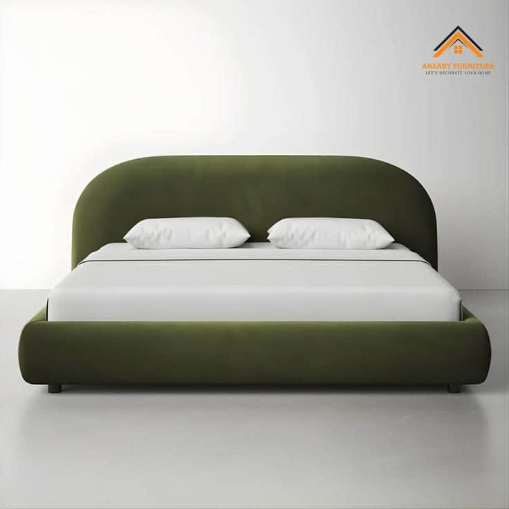 A modern upholstered platform bed featuring a distinctive asymmetrical curved headboard and a low-pr… — free SKP 3D model