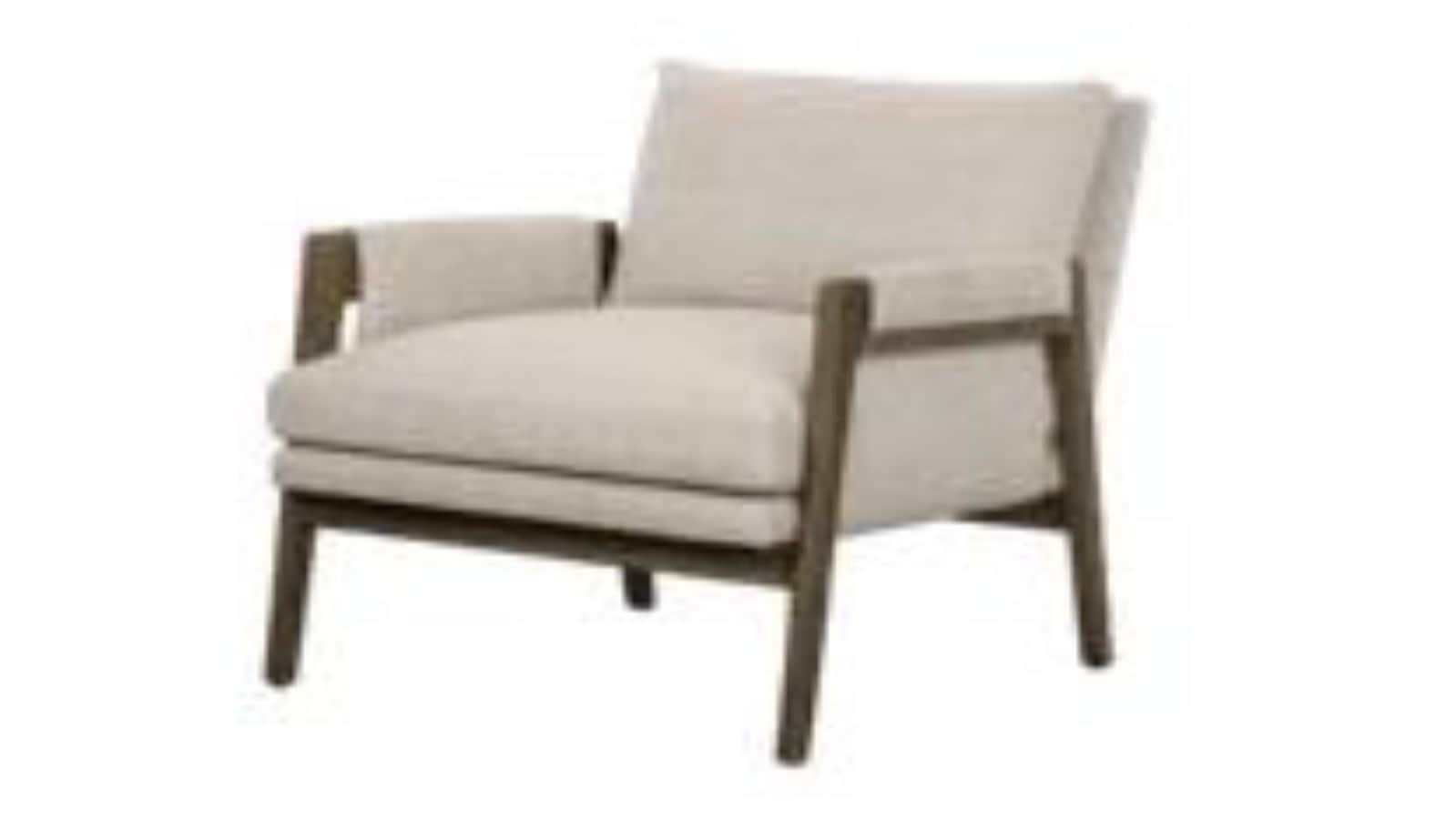 A modern upholstered armchair featuring a prominent exposed dark wooden frame that encases light-col… — 3D model