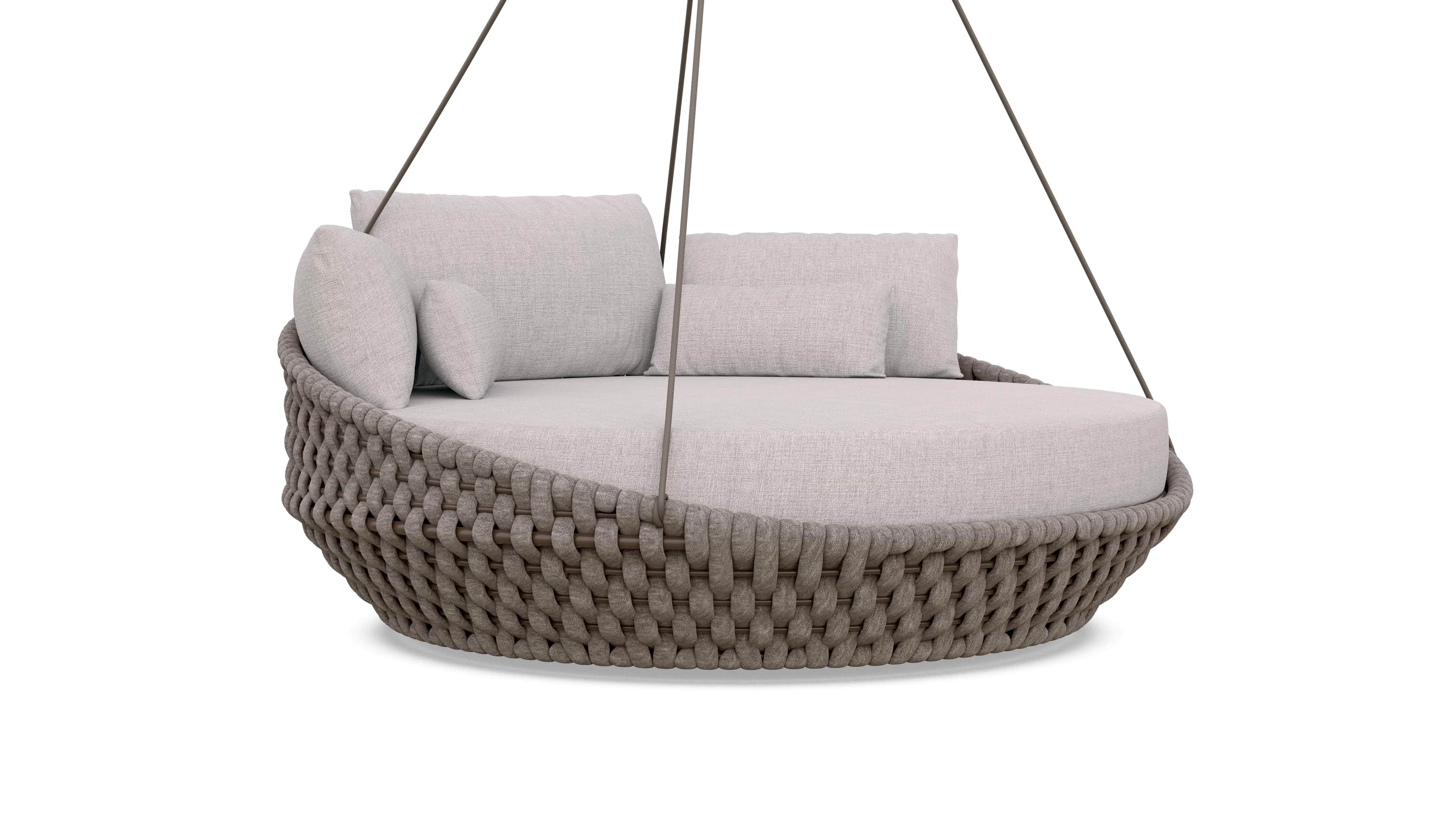 A contemporary hanging daybed designed for outdoor or indoor use. The circular seating area is uphol… — 3D model