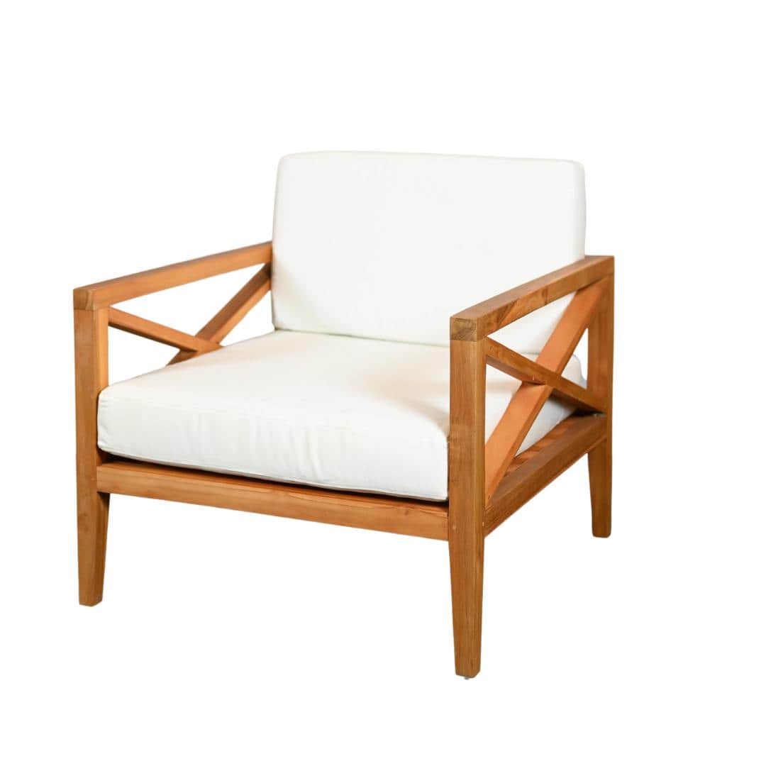 A wooden armchair with white cushions. The armchair features a slatted wooden frame with a criss-cro… — 3D model
