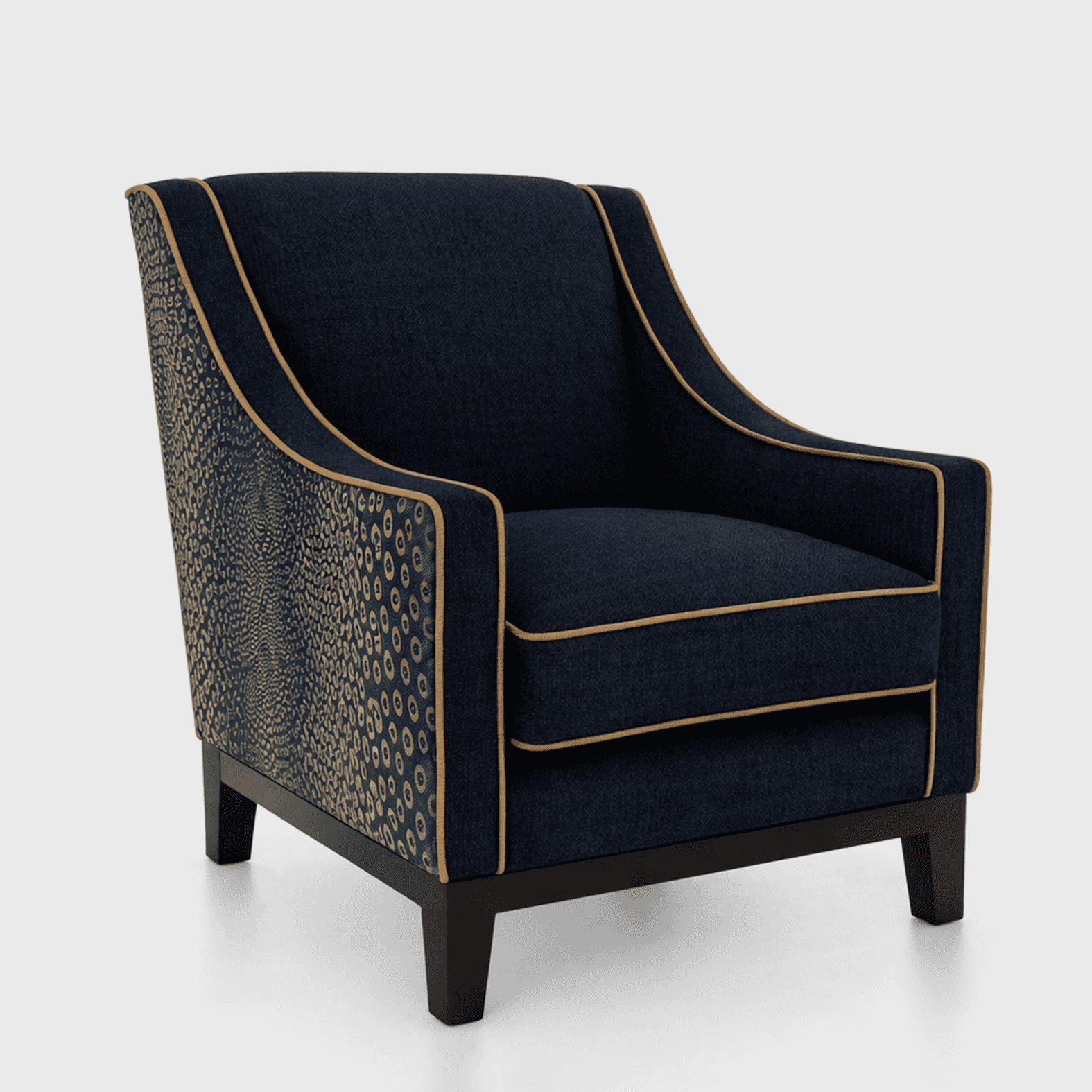 An armchair with a high back and wide seat, featuring a dark navy blue fabric upholstery with a cont… — 3D model