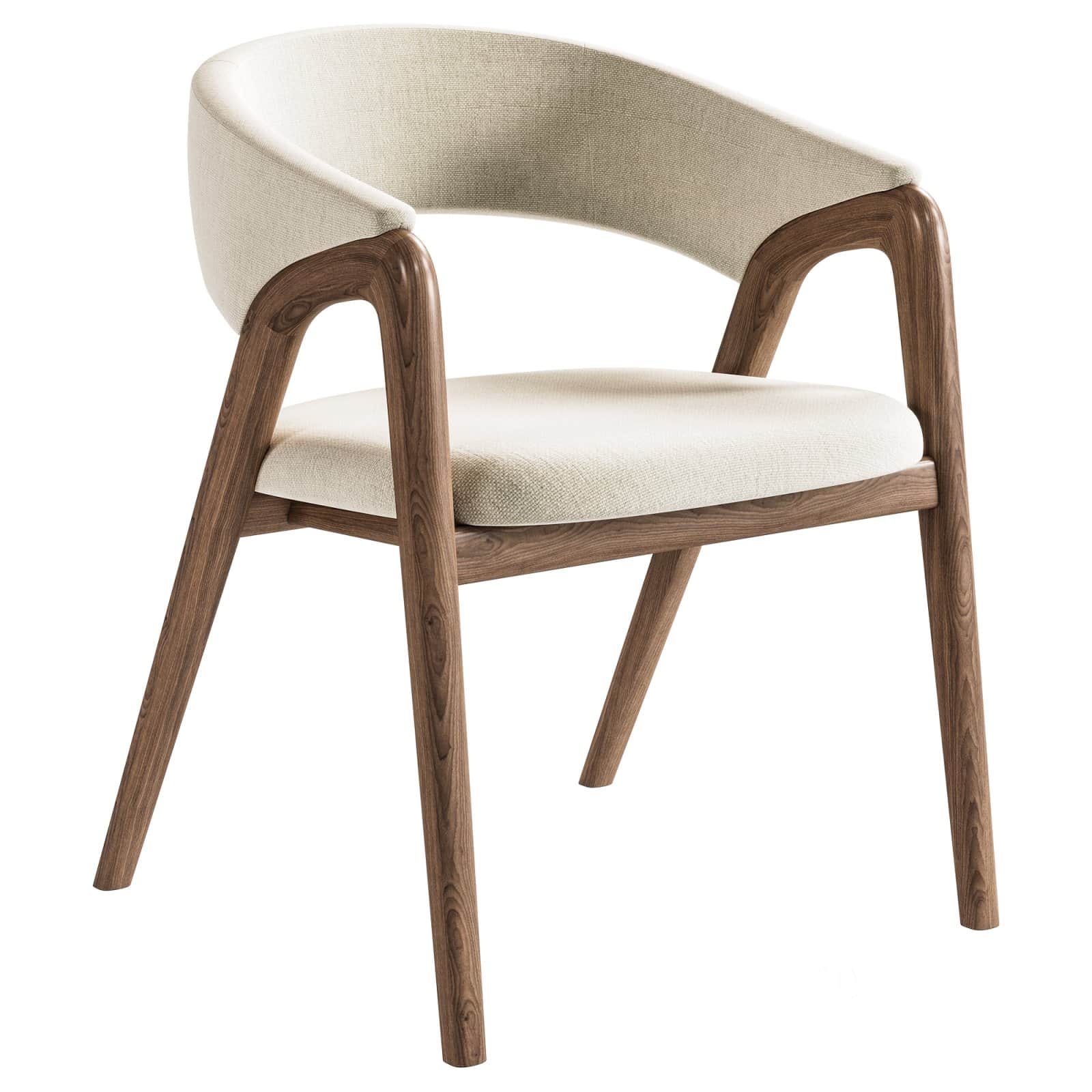 A modern dining armchair featuring a dark wood frame with integrated, smoothly curved armrests and a… — 3D model