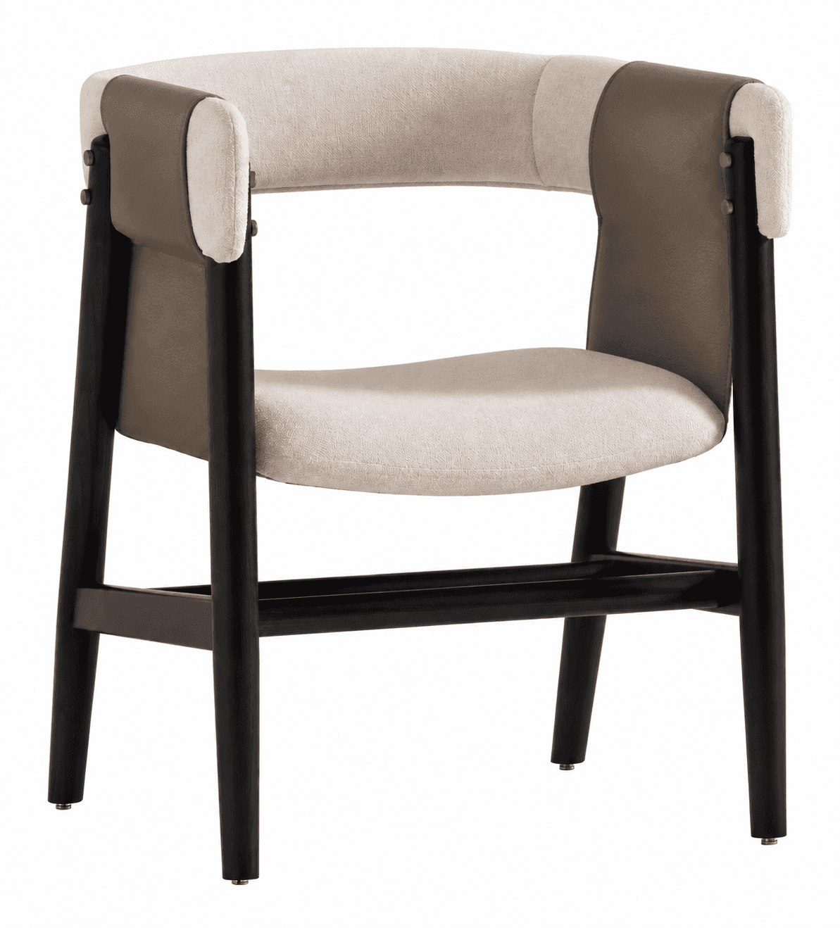 A contemporary dining armchair featuring a U-shaped backrest and armrests upholstered in light cream… — 3D model