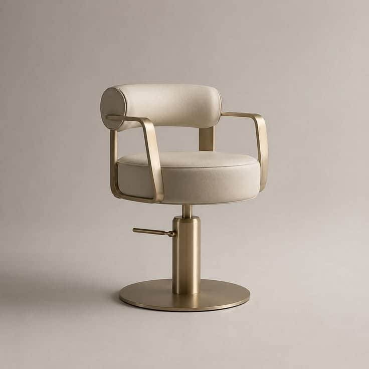 A luxurious contemporary swivel chair with cream-colored upholstery and a brushed brass-toned metal… — 3D model