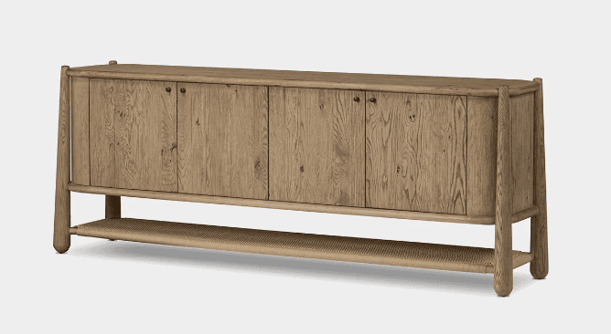 A rustic light oak sideboard featuring four cabinet doors with exposed wood grain and small black kn… — 3D model