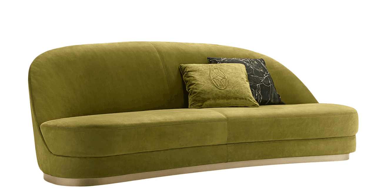 A modern, curved sofa upholstered in a soft, olive-green velvet-like fabric. The sofa features a rou… — free FBX 3D model
