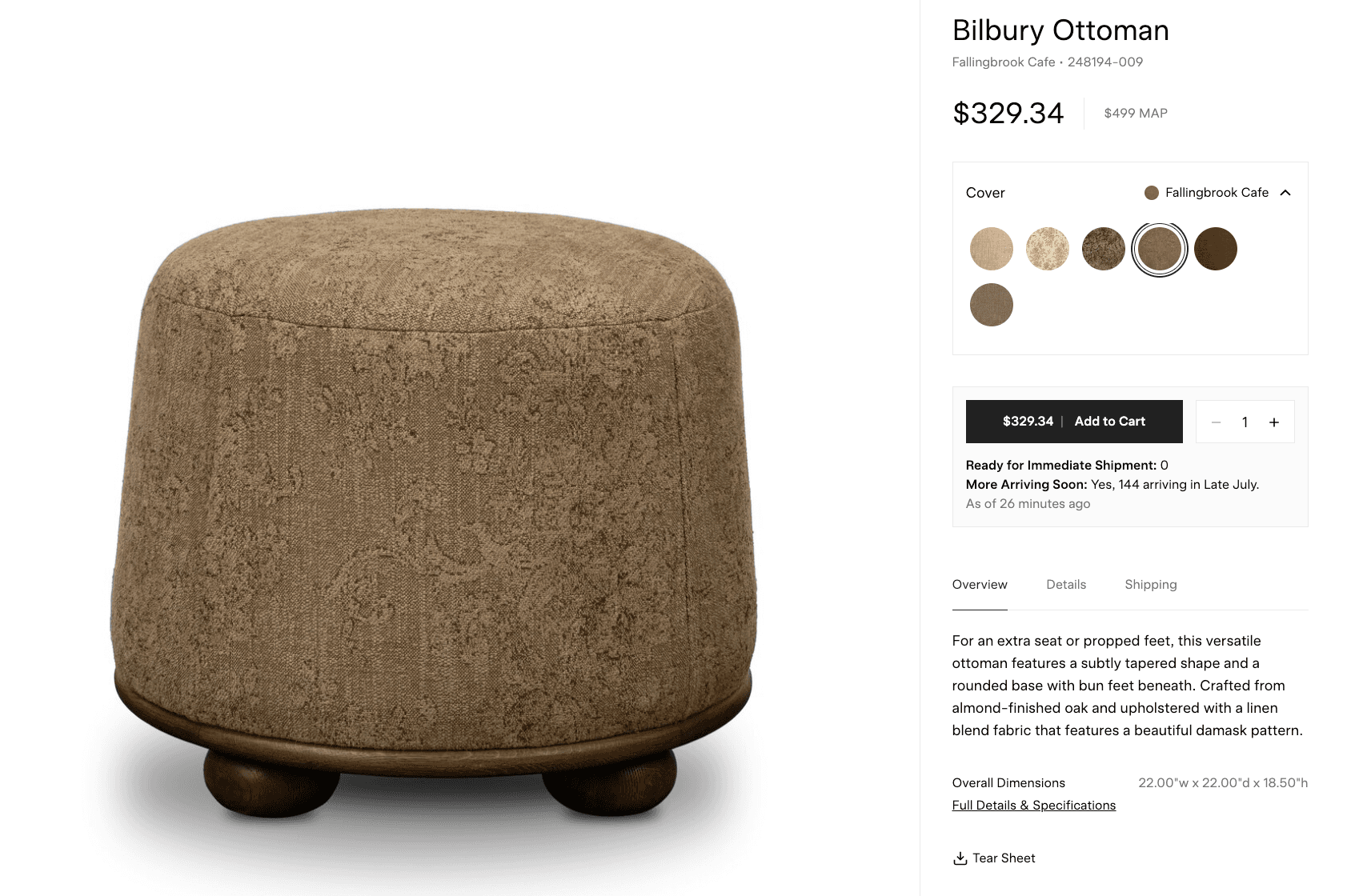 A round ottoman with a tapered shape and a wooden base featuring bun feet. The upholstery is a textu… — 3D model