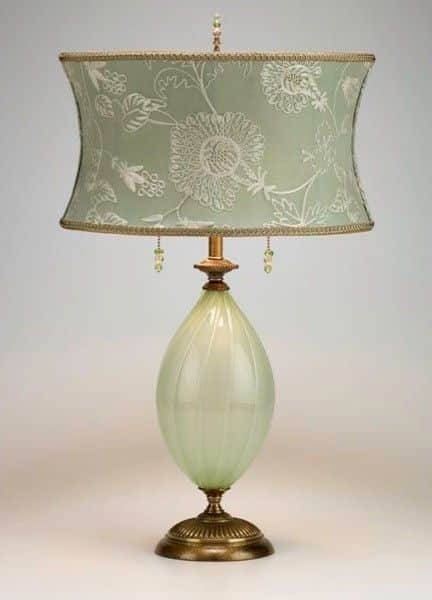 An ornate table lamp featuring a light green fabric lampshade with intricate white floral embroidery… — 3D model