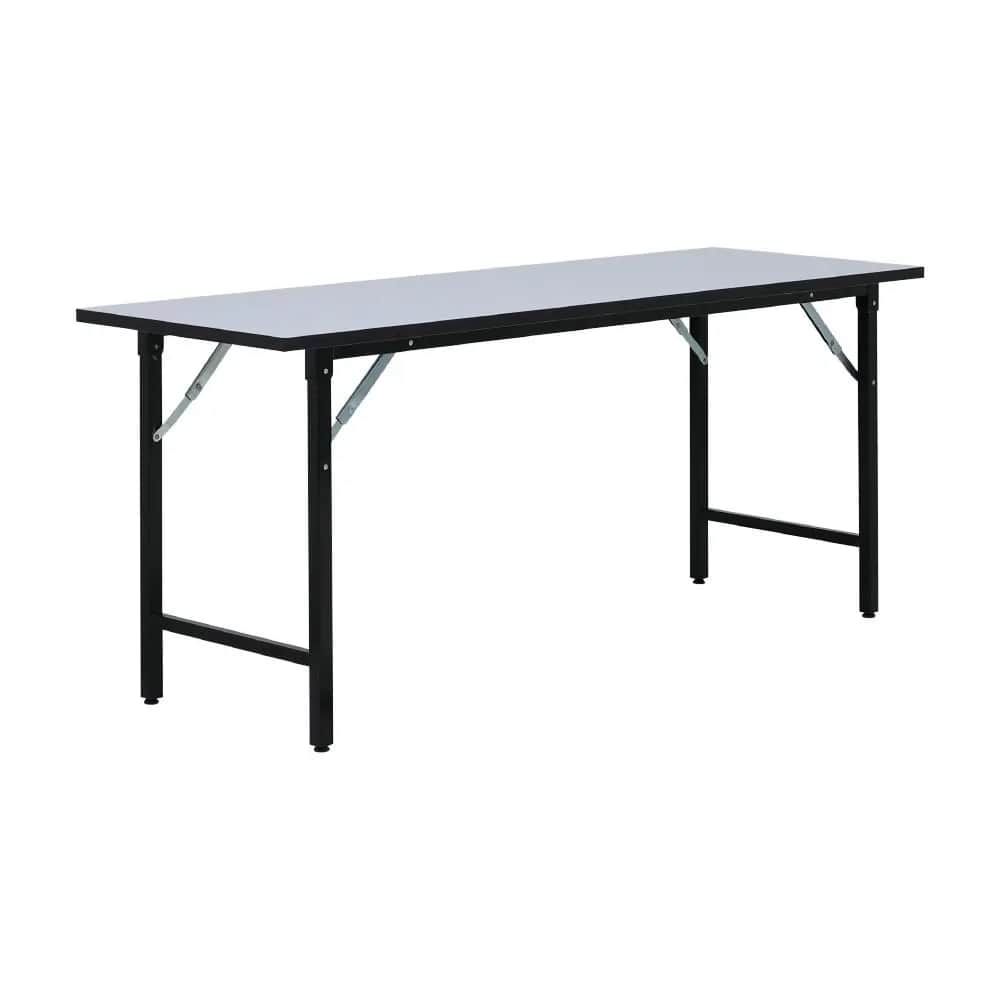 A rectangular folding table featuring a smooth grey top surface and a black metal frame with hinged,… — free GLTF 3D model