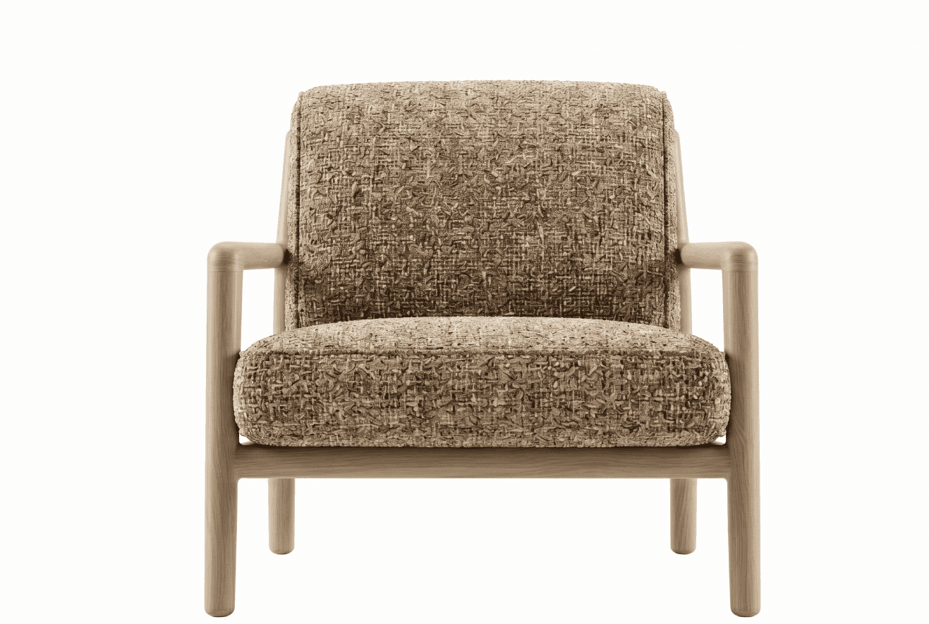 A modern upholstered lounge chair featuring a sturdy exposed frame made of light-toned wood, likely… — 3D model