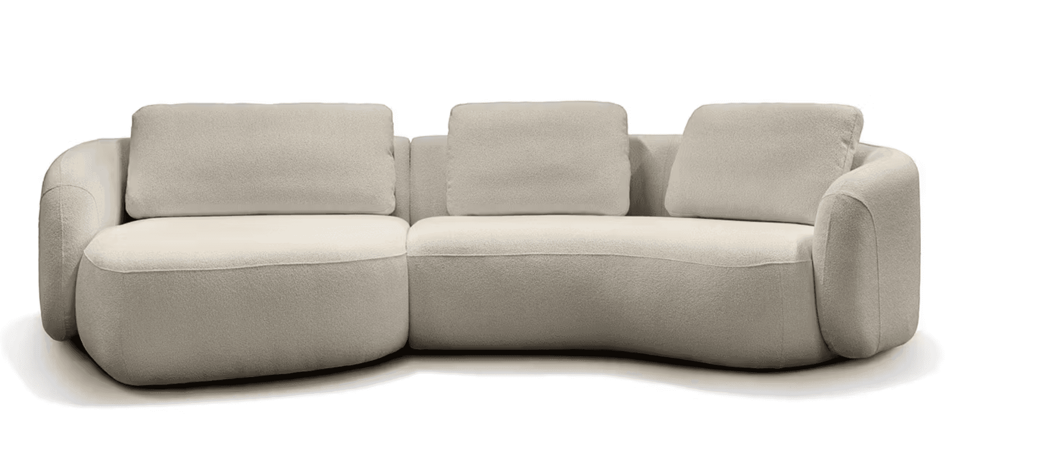 A modern curved sectional sofa upholstered in a light-colored bouclé fabric, featuring a modular des… — 3D model