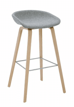 A bar stool with a molded, upholstered seat and a four-legged base made of light-colored wood. The s… — 3D model