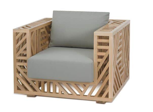 A modern armchair featuring a boxy, open-work frame crafted from light-toned wood with an intricate… — 3D model