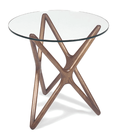 A modern accent table featuring a round, clear glass top supported by a sculptural wooden base. The… — 3D model