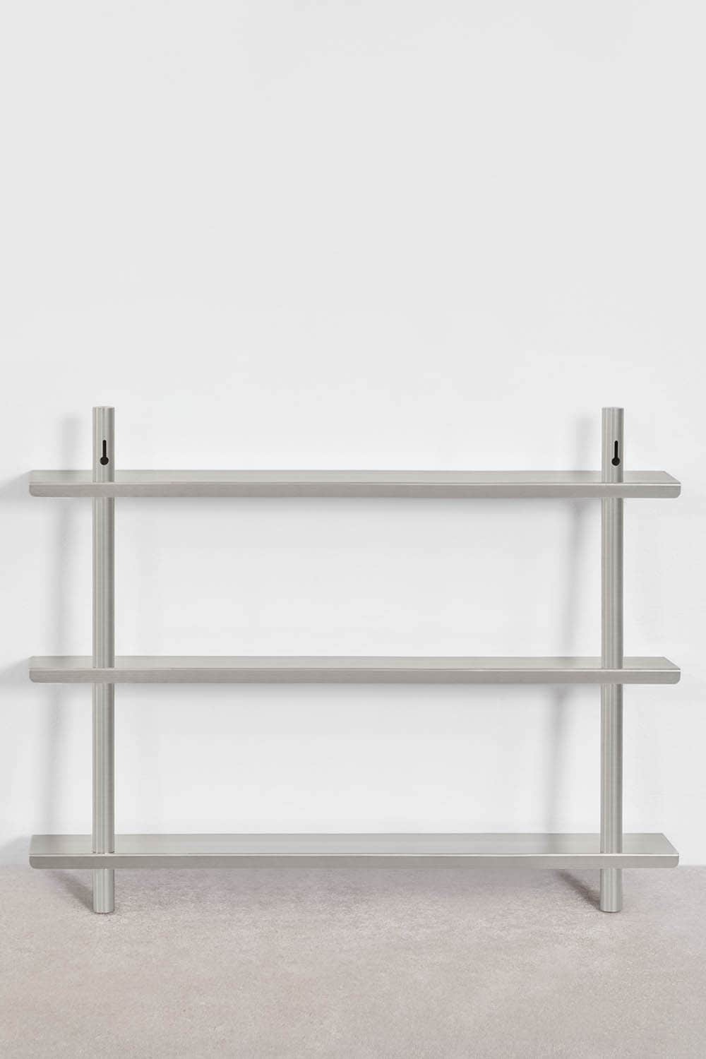 A modern, minimalist wall-mounted shelf unit featuring three rectangular shelves made of brushed sil… — 3D model