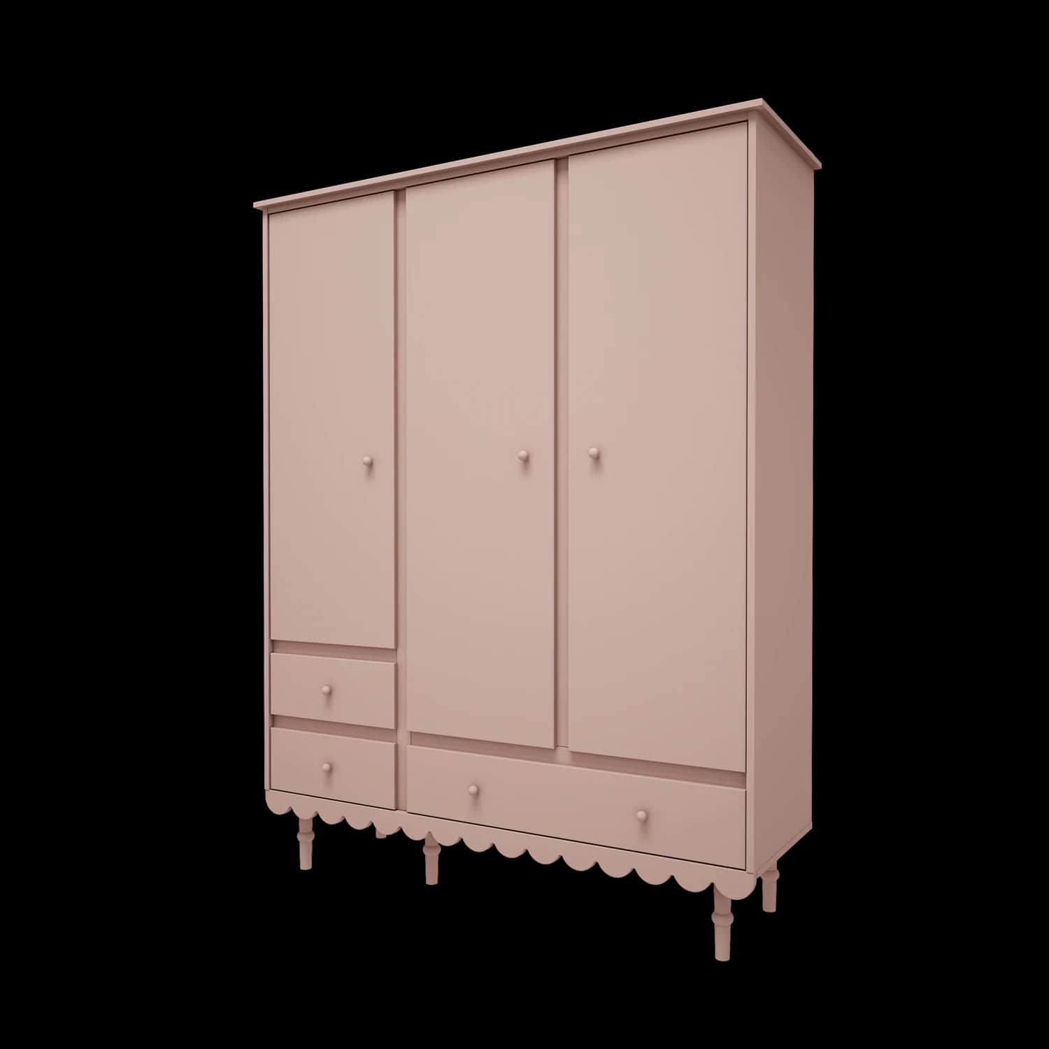 A rendered image of a three-door wardrobe in a muted pink finish, featuring five integrated drawers,… — 3D model