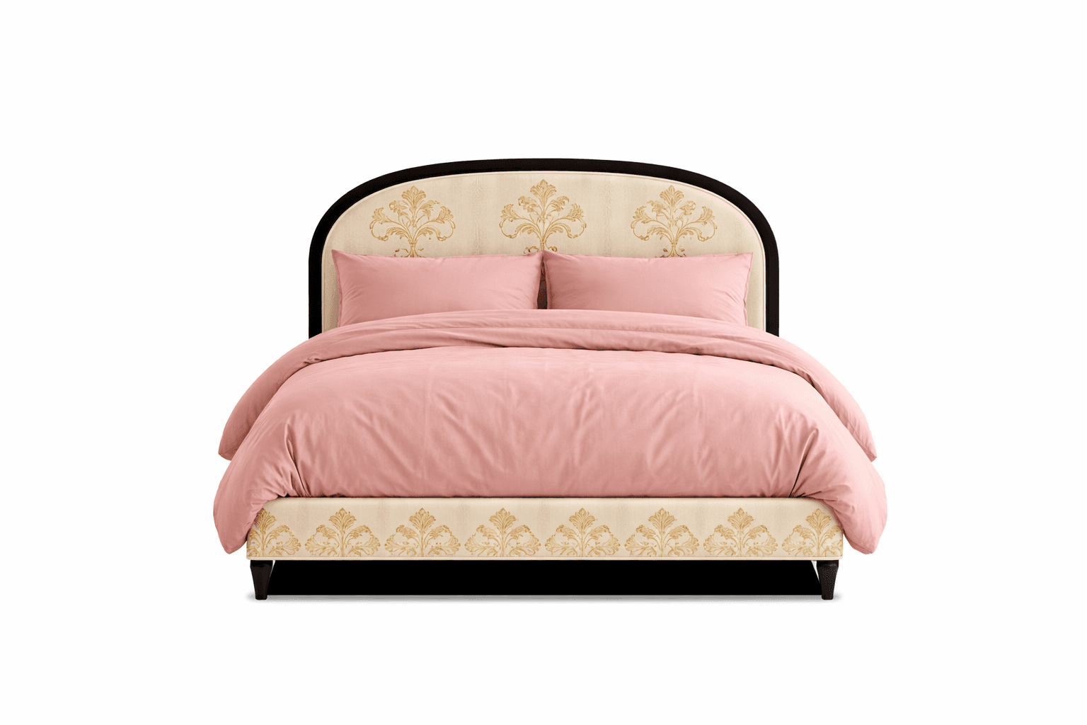 A bed with a curved, upholstered headboard and footboard. The headboard features a cream-colored fab… — free BLEND 3D model