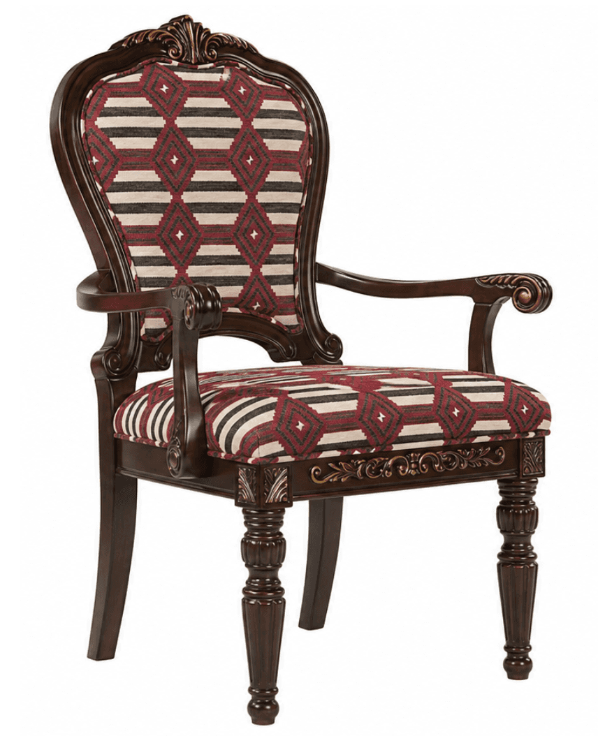 A wooden armchair with upholstered seat and back. The frame is dark brown, possibly stained wood, an… — free OBJ 3D model