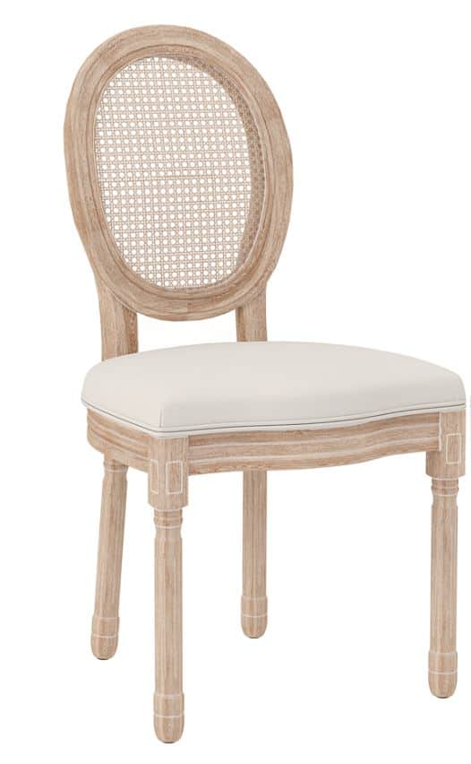 An armless dining chair featuring a light, distressed wood frame, an oval cane woven backrest, and a… — 3D model