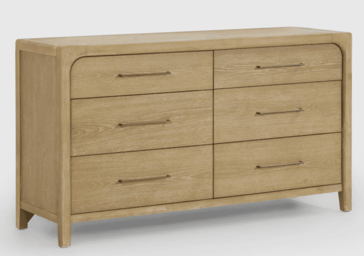 A contemporary six-drawer dresser featuring a light wood finish, visible wood grain, and sleek horiz… — 3D model