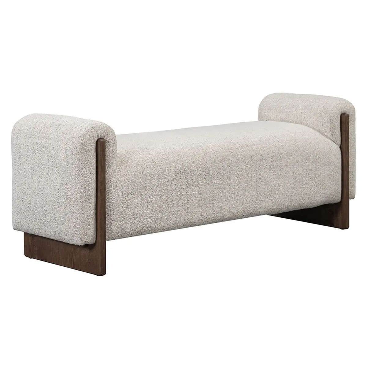 A modern upholstered bench featuring a light-colored, textured fabric seat with elegantly rolled end… — free SKP 3D model