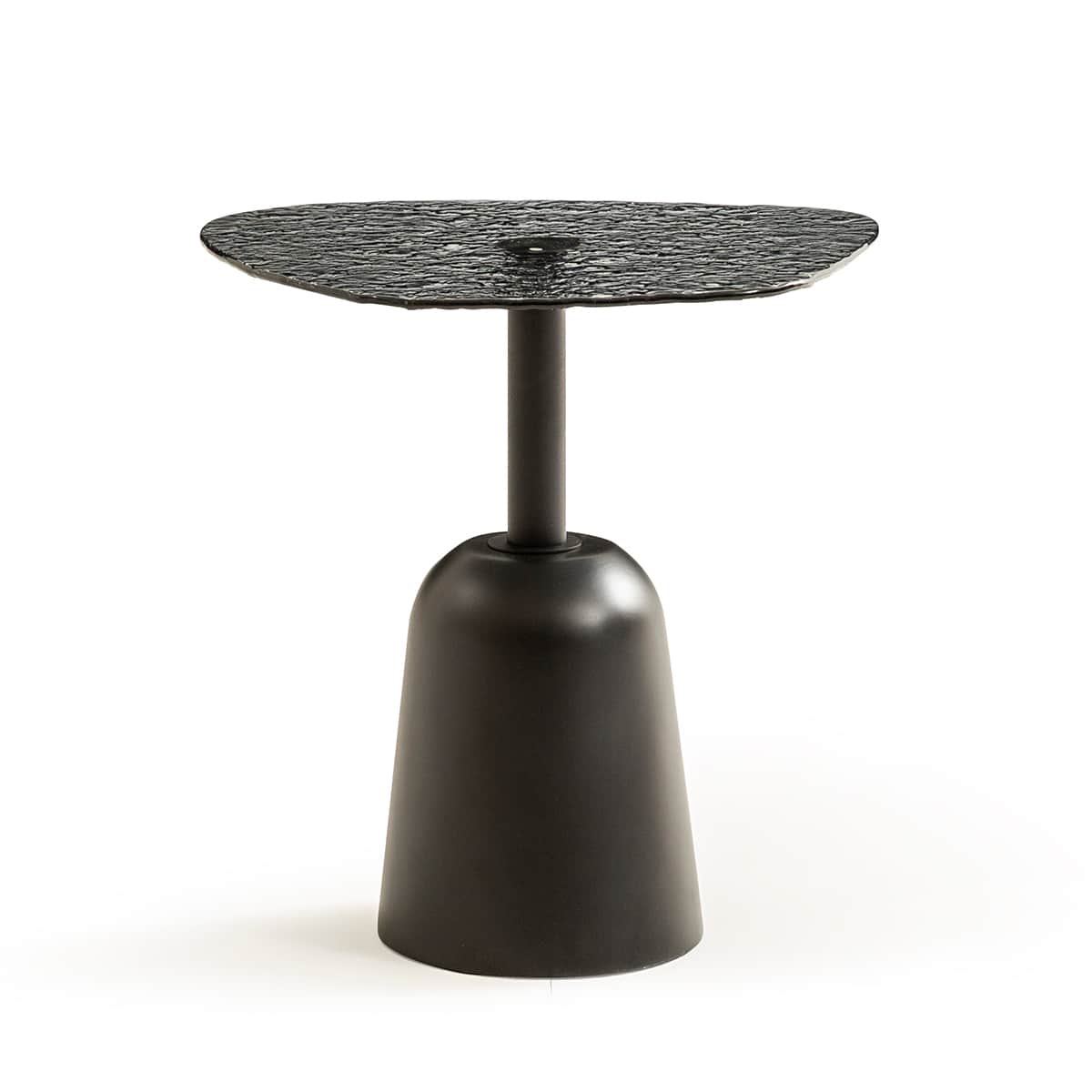 A modern black accent table featuring a distinctive textured top and a sculptural bell-shaped base.… — 3D model