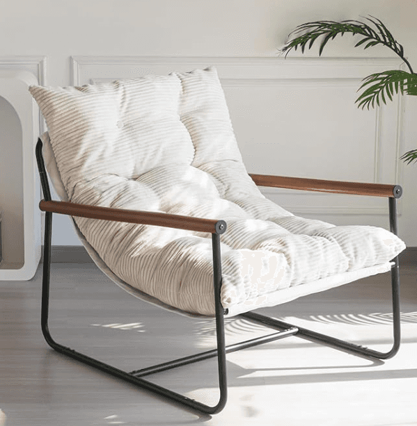 A contemporary lounge chair featuring a minimalist black metal frame, wooden armrest sleeves, and a… — 3D model