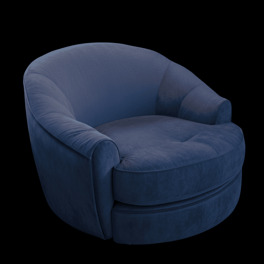 A contemporary, fully upholstered barrel-shaped armchair in dark blue velvet fabric, featuring integ… — free OBJ 3D model