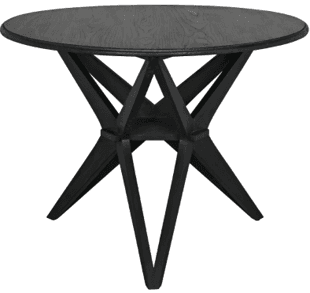 A modern round dining table featuring a dark, wood-grain tabletop supported by a striking black geom… — 3D model
