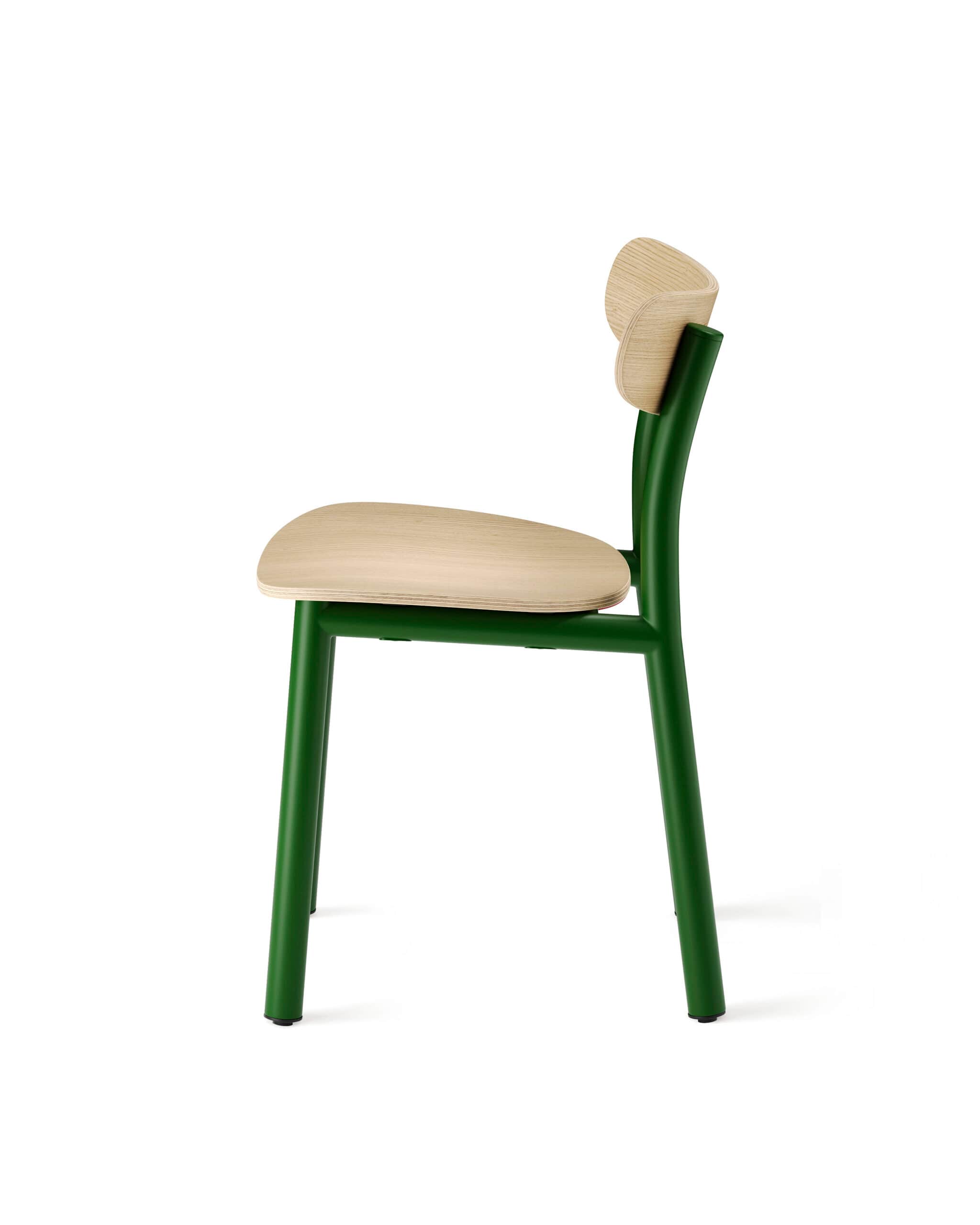 A contemporary dining chair featuring a vibrant green tubular metal frame and naturally finished mol… — 3D model