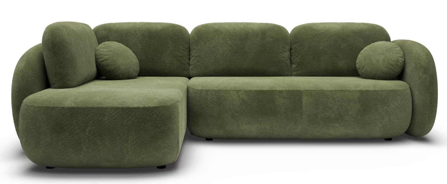 A modern, L-shaped sectional sofa upholstered in a green, textured boucle-style fabric, featuring so… — 3D model
