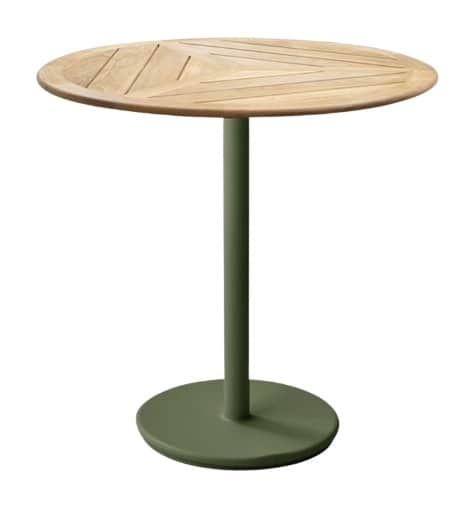 A modern outdoor bistro table featuring a round, slatted natural wood tabletop and a sturdy central… — 3D model