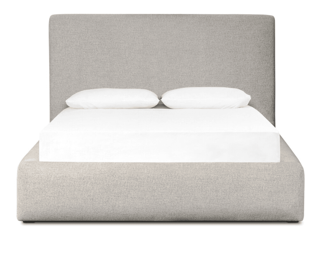 A modern platform bed, fully upholstered in a light grey or oatmeal-colored textured fabric. It feat… — 3D model