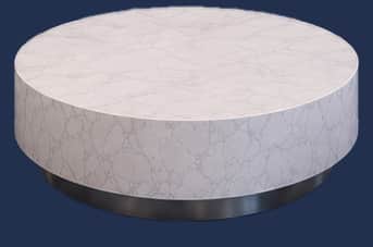 A low-profile, cylindrical coffee table featuring a white surface with a gray marble-like veining pa… — 3D model