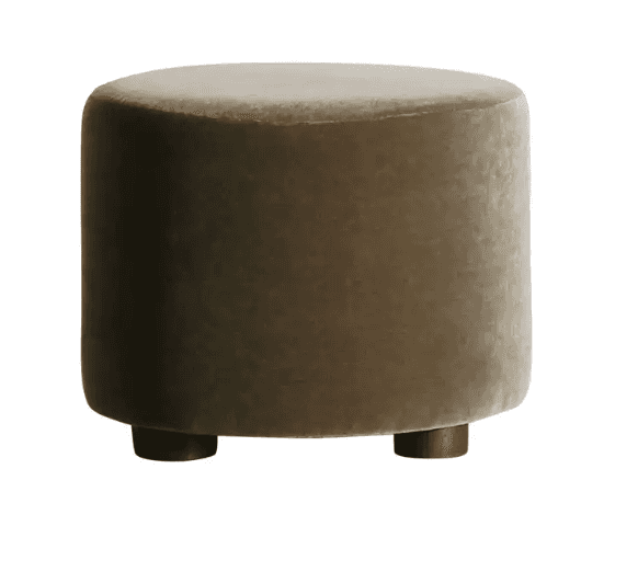 A round, plushly upholstered ottoman in a muted, warm gray or taupe velvet fabric, standing on four… — 3D model