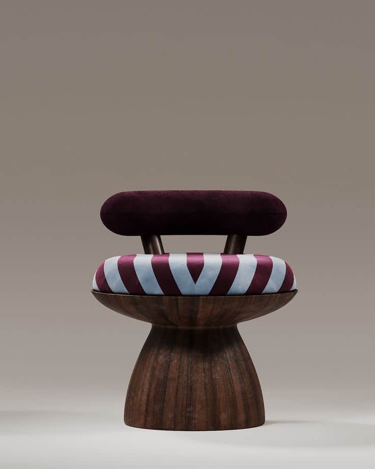 A contemporary chair with a distinct design. The base is a carved wooden pedestal with a flared, tru… — free FBX 3D model