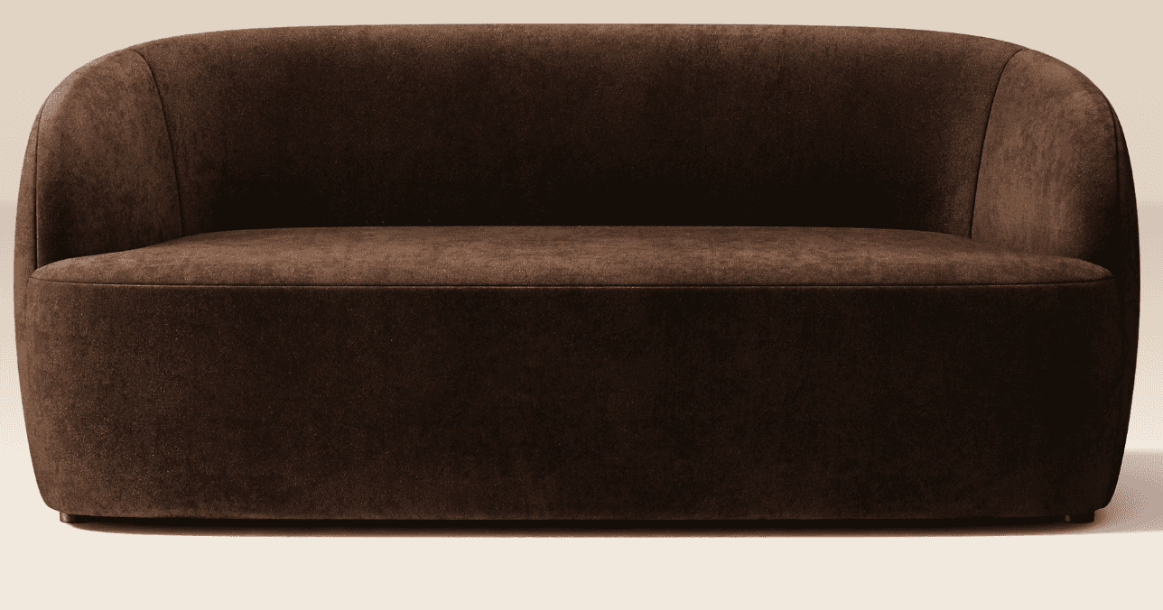 A contemporary dark brown loveseat featuring a fully upholstered, rounded silhouette with integrated… — 3D model
