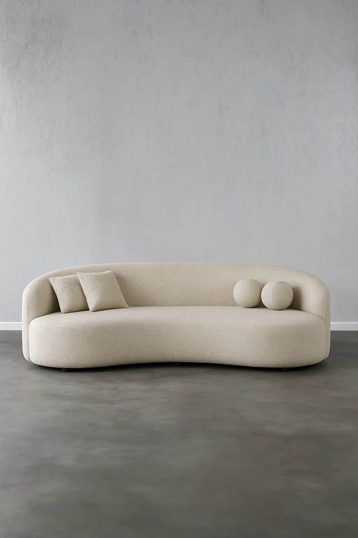 An asymmetrical curved sofa upholstered in a light beige, subtly textured fabric. It features a cont… — free GLTF 3D model