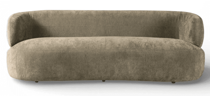 An organically shaped, armless sofa upholstered in a taupe fabric, featuring a single continuous cur… — 3D model