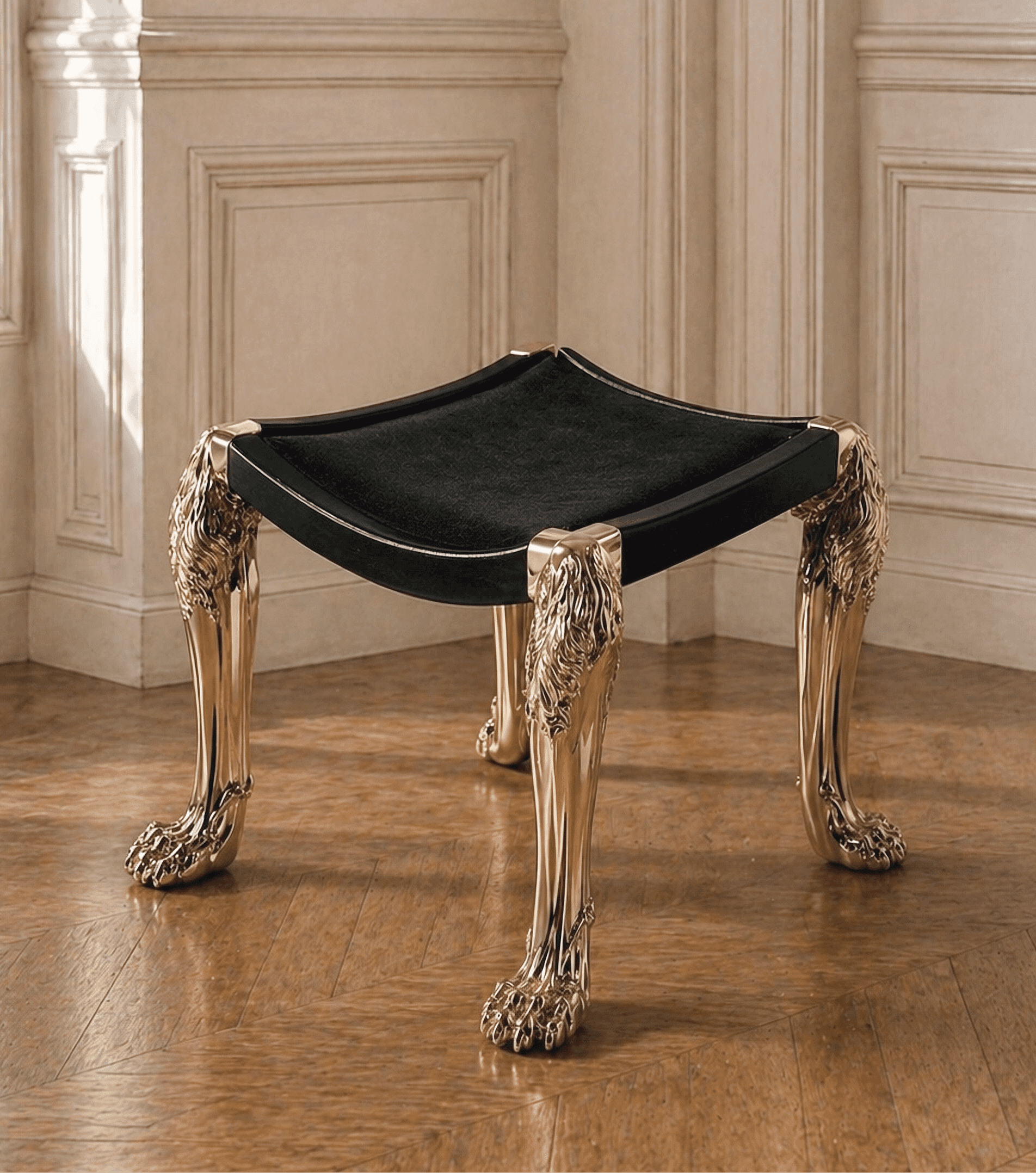 A low, square-shaped ottoman featuring a black velvet upholstered top set within a black lacquered f… — 3D model