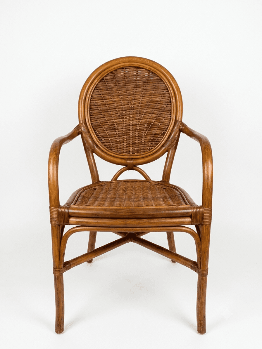 A vintage rattan armchair with a rounded backrest and seat. The frame is constructed from curved rat… — 3D model
