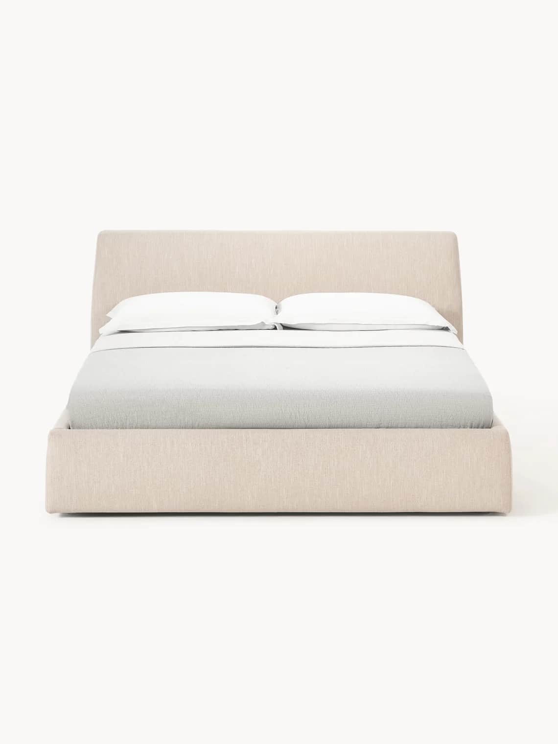 A contemporary upholstered platform bed featuring a low-profile frame and an integrated headboard, c… — 3D model