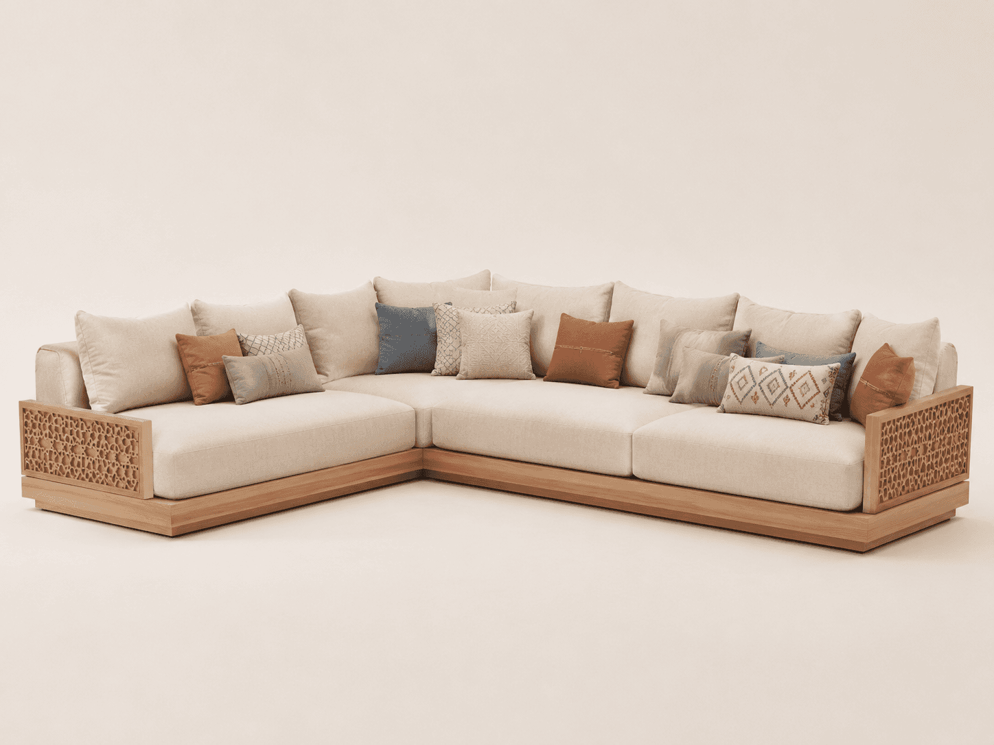 An L-shaped sectional sofa featuring a low-profile natural wood base, intricately woven rattan armre… — 3D model