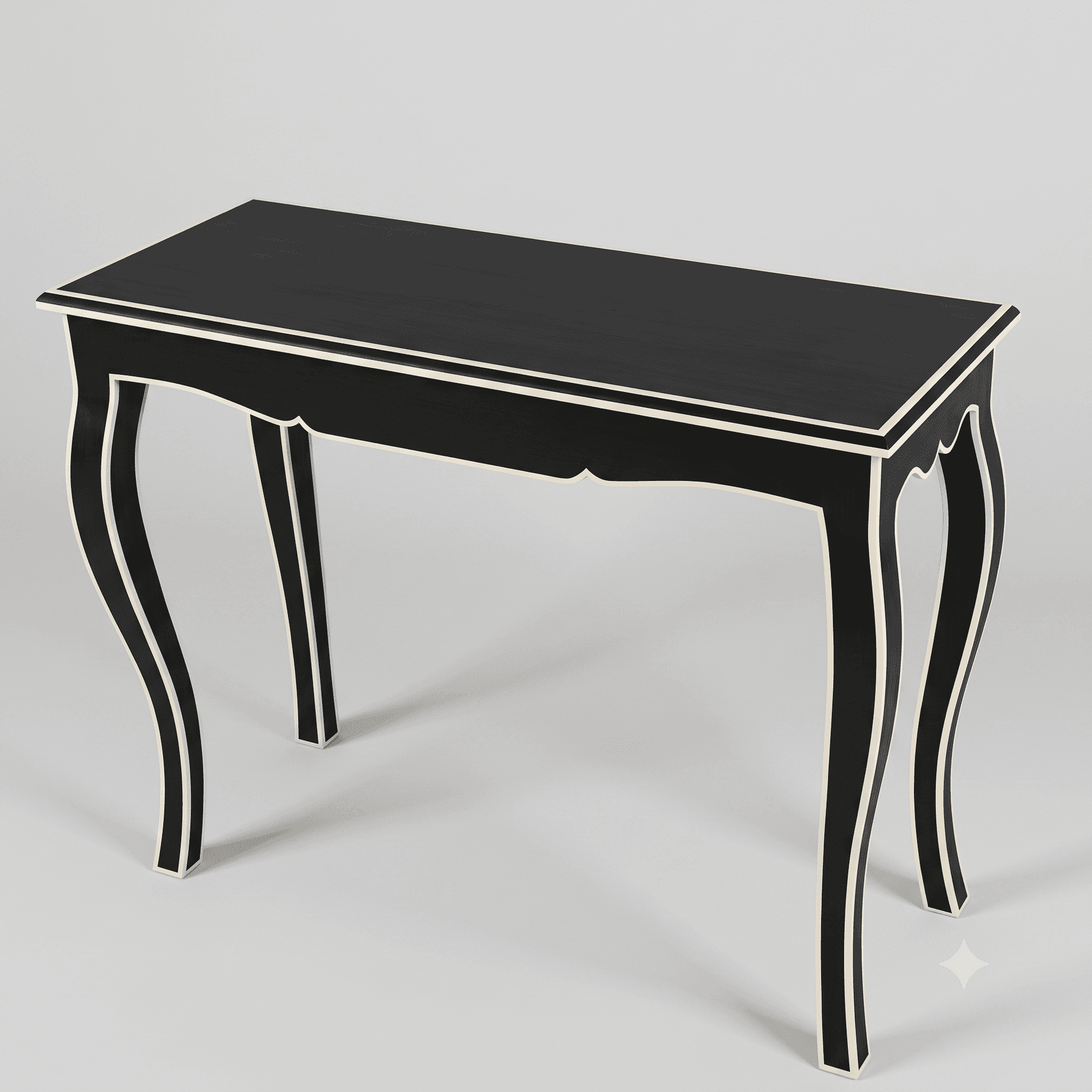 A narrow, rectangular console table featuring cabriole legs and a black finish with contrasting whit… — 3D model