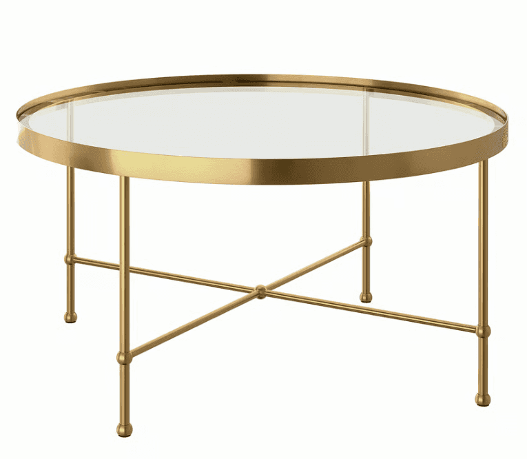 A round coffee table featuring a clear glass top and a polished brass-finished metal frame and legs,… — 3D model