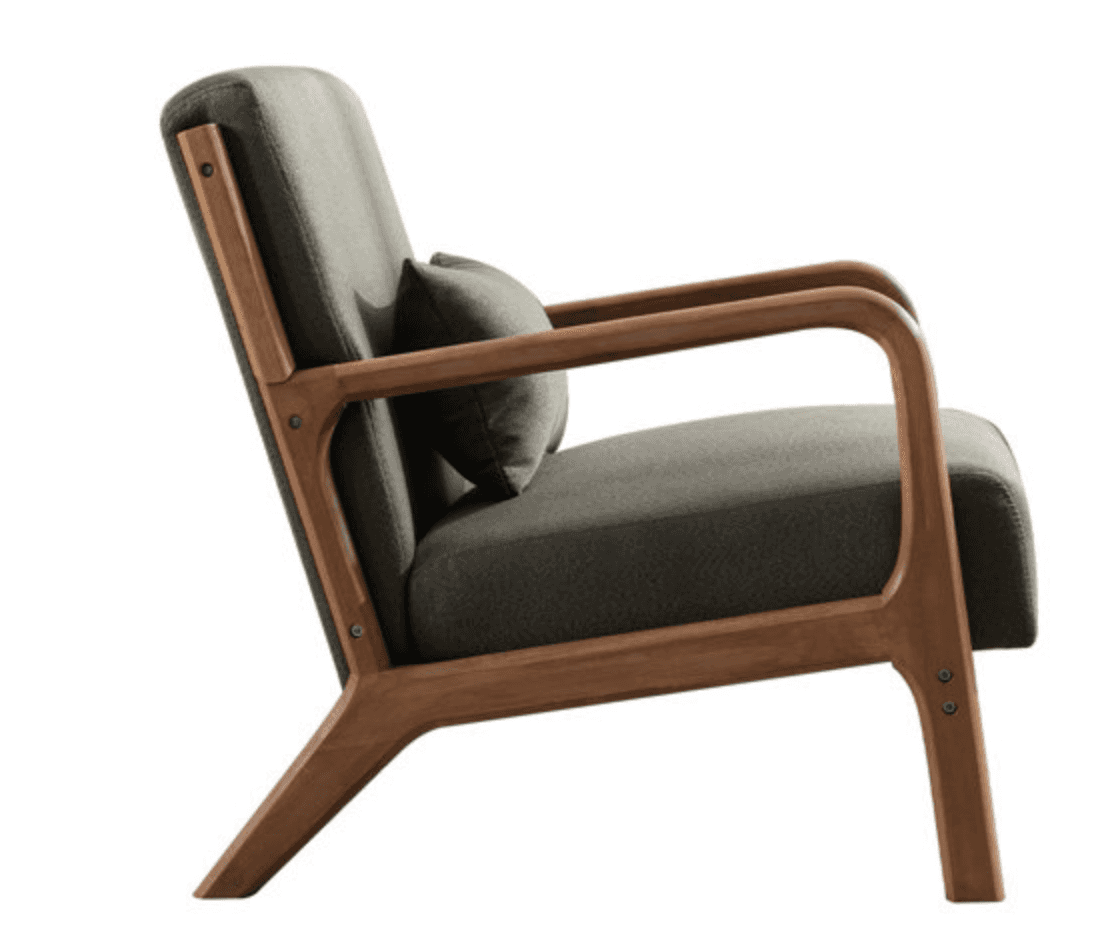 A modern armchair with a wooden frame and upholstered seat and backrest. The frame has a natural woo… — free OBJ 3D model