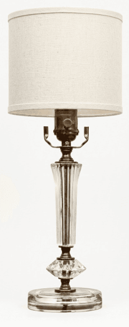 A traditional table lamp featuring a clear glass body with fluted and faceted details, set on a roun… — 3D model