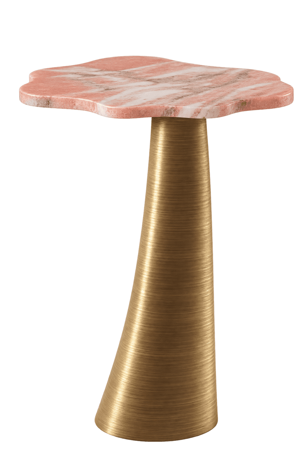 A contemporary accent table featuring an irregularly shaped pink marble top with natural veining, su… — 3D model